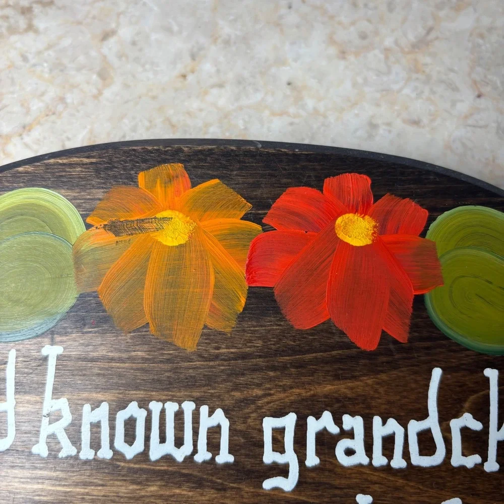 Vintage Handmade Wood Wall Plaque Floral Grandchildren‎ Funny Quote Retro Quirky